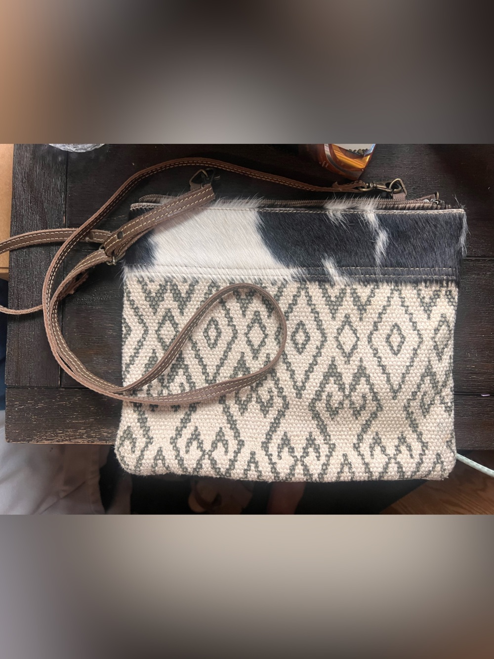 Myra Bag Ivory & Gray Woven Shoulder Bag with Cowhide Panel